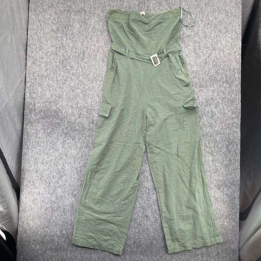 Sim & Sam Olive Jumpsuit Large Green Strapless Linen Blend Cargo Smocked